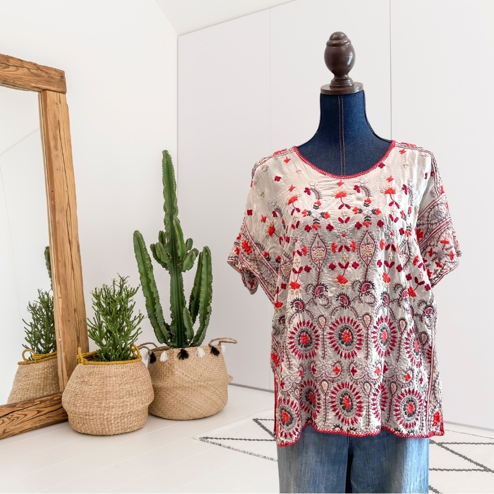 Johnny Was Colorful Geometric Embroidered Top